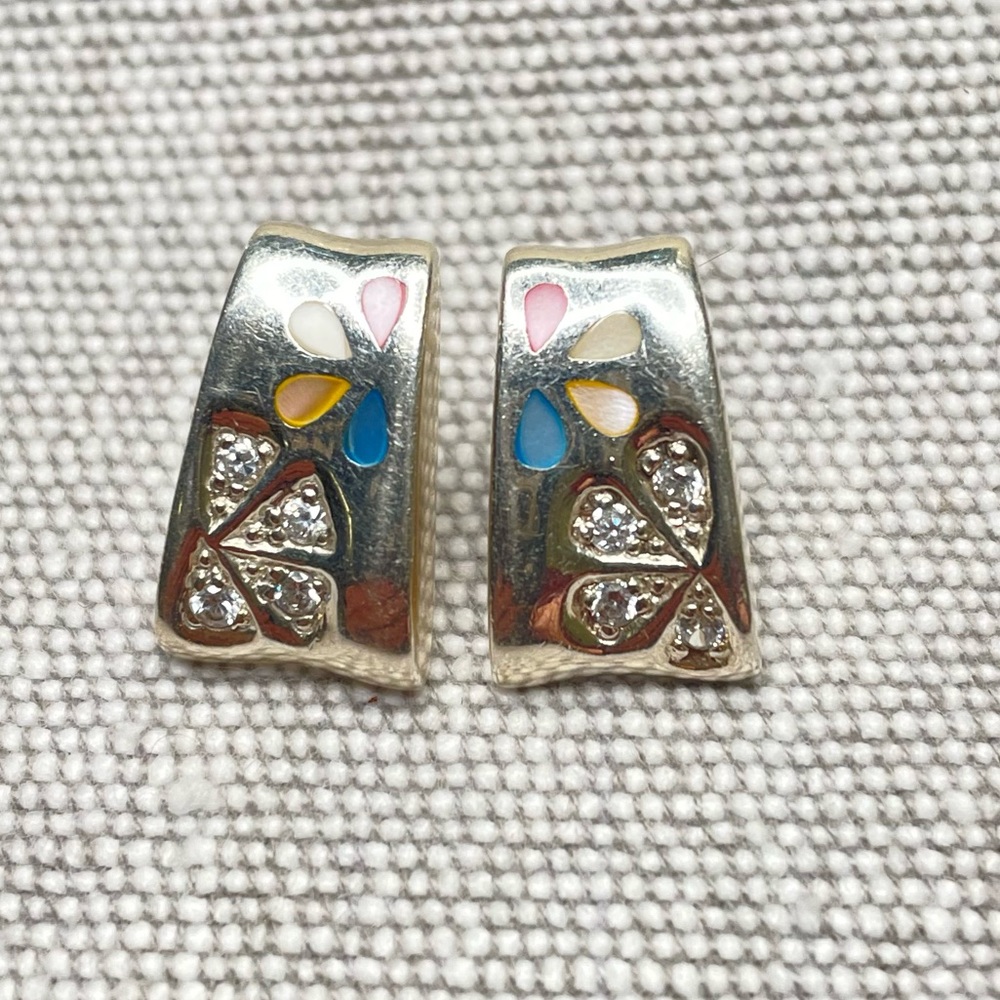 Colorful Enamel and Etched Sulver Stud Earrings